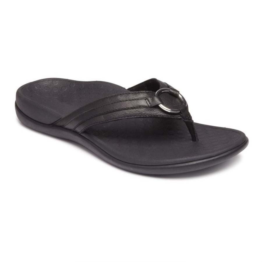 Black Leather Tide Aloe Toe Post Sandal Vionic